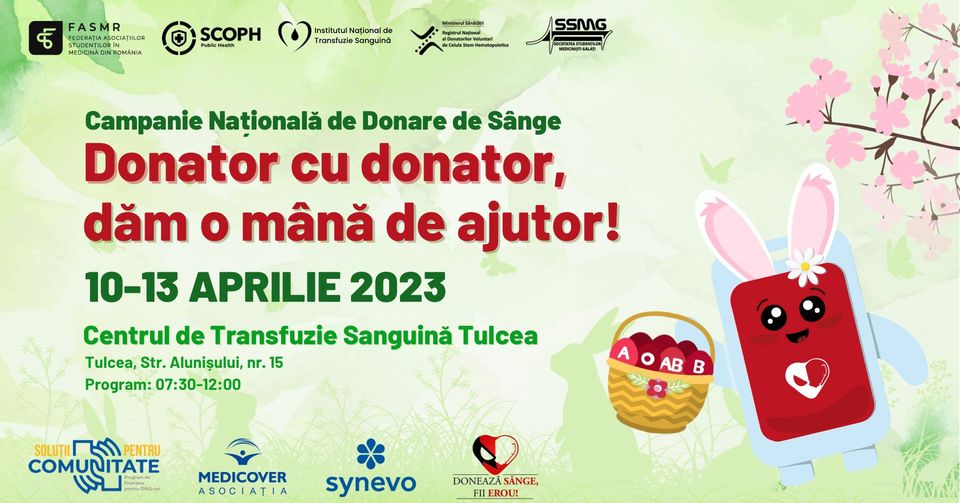 De luni, tulcenii pot participa la Campania națională „Donator cu donator, dăm o mână de ajutor!”